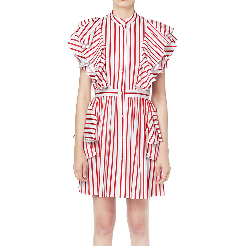 Lookbook MSGM 红色条纹叠层荷叶边短袖衬衫连衣裙 MSGDSA18102AE