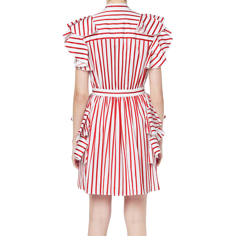 Shop MSGM 红色条纹叠层荷叶边短袖衬衫连衣裙 MSGDSA18102AE