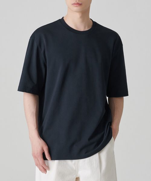 MUSINSA STANDARD [Cooltandard] Relaxed Fit Crew Neck Pique T-Shirt [Navy] MMCTS6Z07-NA