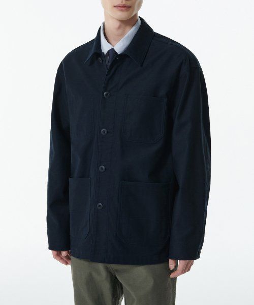 Lookbook MUSINSA STANDARD Baek 緞面工裝外套（海軍藍） MMDJJ2Z15-NA