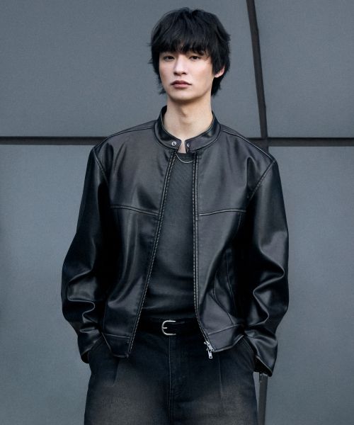 MUSINSA STANDARD Faded Synthetic Leather Racer Jacket [Black] MMELJ3Z01-BK