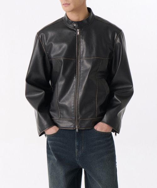 Lookbook MUSINSA STANDARD 黑色渐变合成皮革赛车夹克 MMELJ3Z01-BK