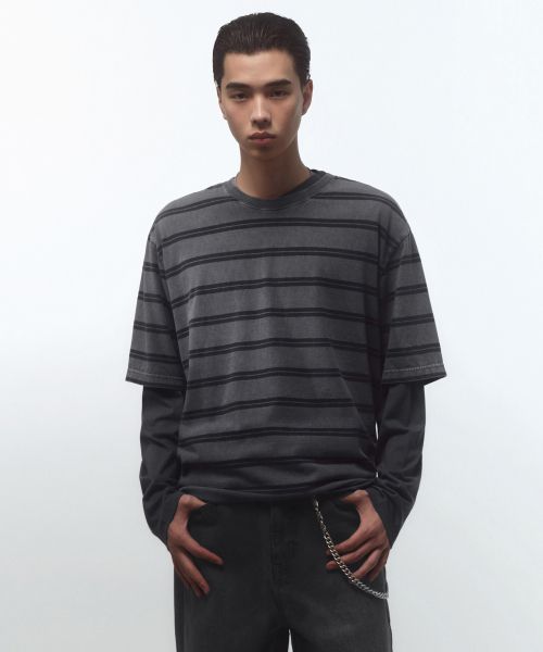 MUSINSA STANDARD Frost Dyed Double Stripe T-Shirt [Charcoal Gray] MMFTS5B30-CG
