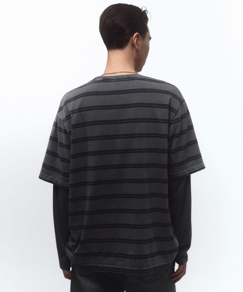 Lookbook MUSINSA STANDARD 冷染双条纹T恤 [炭灰色] MMFTS5B30-CG