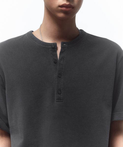 Shop MUSINSA STANDARD Pigment Henry Neck T-Shirt [Charcoal Gray] MMFTS5D32-CG