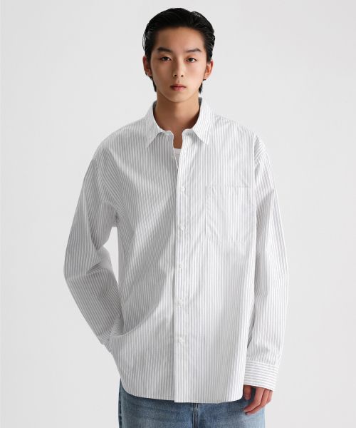 Musinsa Standard Relaxed 3-Pin Stripe Poplin Shirt [Ivory/Black] MMESL4Z21-P4