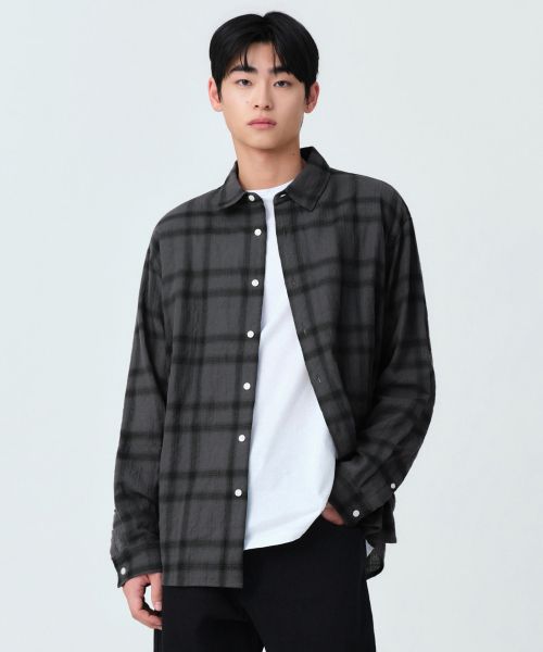 Musinsa Standard Relaxed Crinkle Ombre Check Shirt 2 [Dark Grey/Black] MMFSL5A11-W3