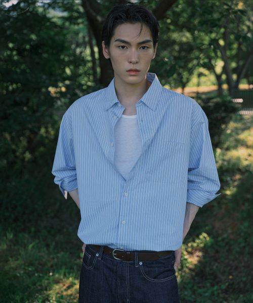 Musinsa Standard Relaxed Shadow Stripe Poplin Shirt [Sky Blue/Stripe] MMESL4Z22-N9