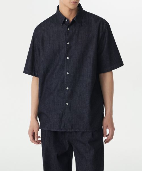 Order MUSINSA STANDARD Relaxed Short Sleeve Denim Shirt [Deep Indigo] MMDNS6Z12-DI
