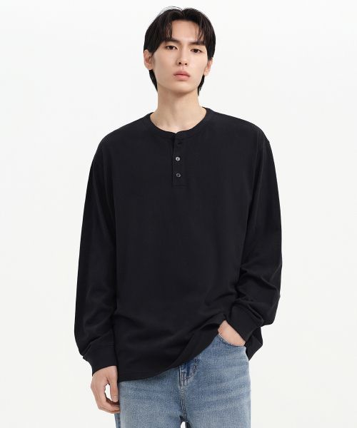 Musinsa Standard Ribbed Cuffs Henley Neck Long Sleeve T-Shirt [Black] MMETL5B03-BK