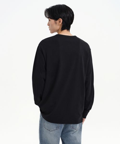 Lookbook Musinsa Standard 羅紋袖口亨利領長袖 T 恤 [黑色] MMETL5B03-BK