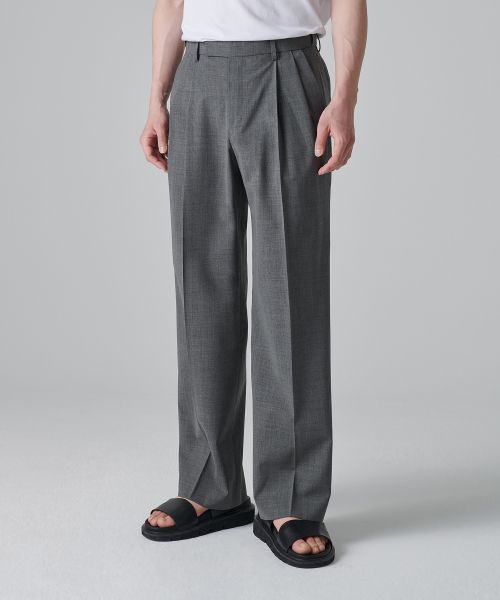 MUSINSA STANDARD Summer Wool Two-Tuck Wide Hidden Banding Slacks [Medium Gray] MMCPL4Z21-MR