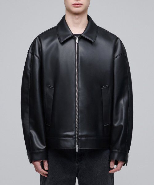 Lookbook MUSINSA STANDARD 合成皮革特寬版單排扣夾克【黑色】 MMCLJ3Z11-BK