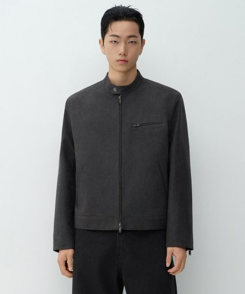 MUSINSA STANDARD Synthetic Suede Racer Jacket [Dark Grey] MMELJ2Z03-DG