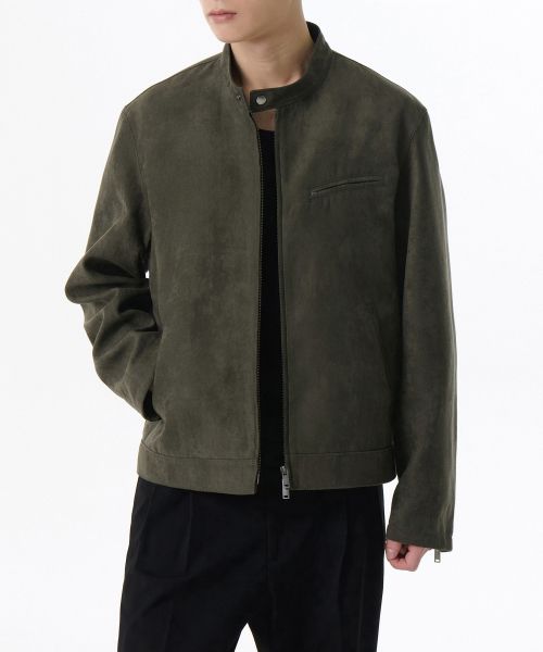 MUSINSA STANDARD Synthetic Suede Racer Jacket [Dusty Khaki] MMELJ2Z03-UK