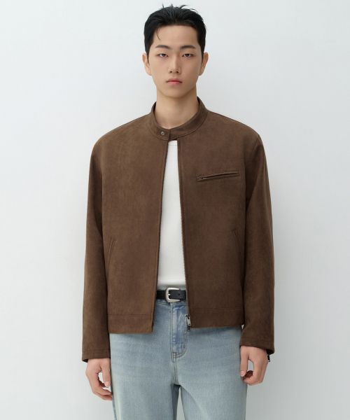 MUSINSA STANDARD Synthetic Suede Racer Jacket [Light Brown] MMELJ2Z03-LR