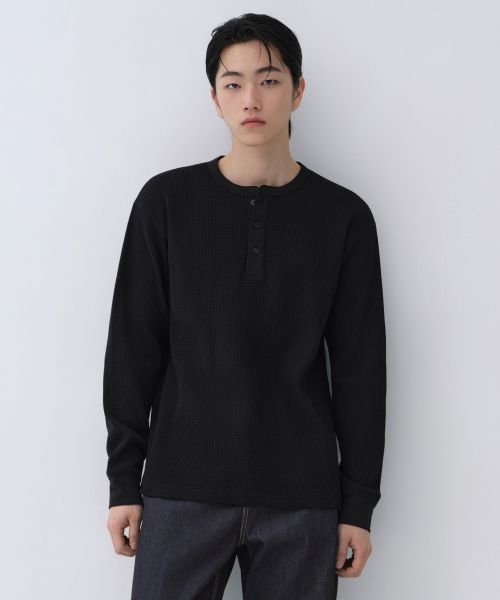 Musinsa Standard Waffle Henley Long Sleeve T-Shirt [Black] MMFTL4B04-BK