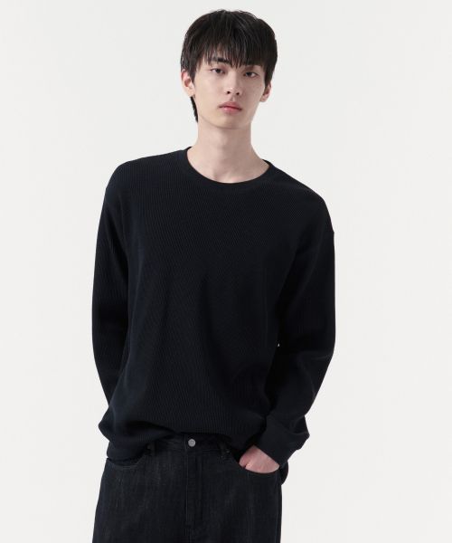 Musinsa Standard Waffle Relaxed Crew Neck Long Sleeve T-Shirt [Black] MMDTL4Z01-BK