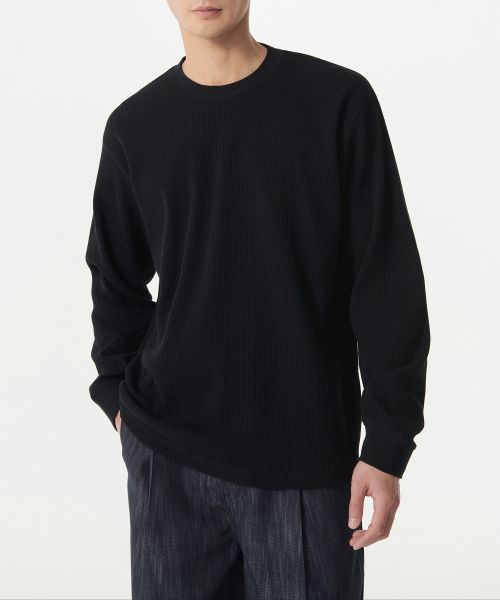 Order Musinsa Standard T-Shirt Waffle Leher Bulat Lengan Panjang Potongan Santai [Hitam] MMDTL4Z01-BK