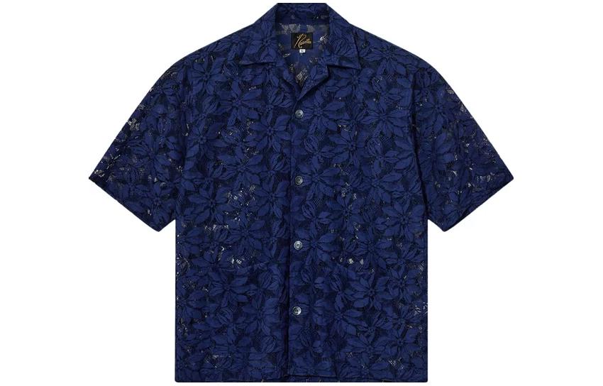Needles  Navy Blue Solid Short Sleeve Casual Shirt. MR252-NVY