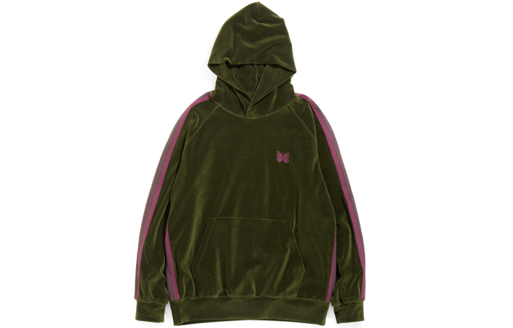 Needles Butterfly Embroidered Velvet Hoodie Green Unisex with Side Stripes JO228B