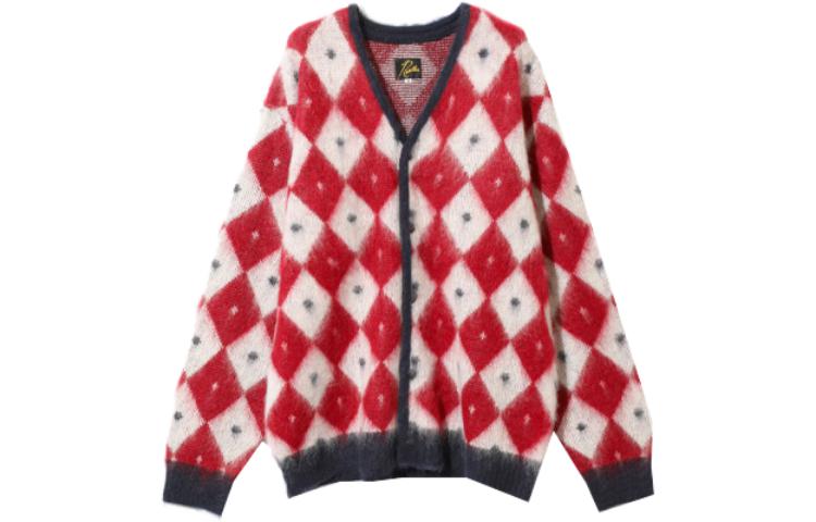 Needles Diamond Pattern V-Neck Cardigan Unisex Red Long Sleeve Knit Sweater. NS280