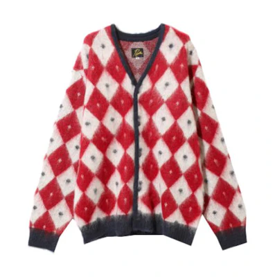 Needles Diamond Pattern V-Neck Cardigan Unisex Red Long Sleeve Knit Sweater. NS280