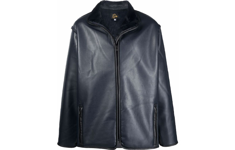 Needles FW21 Leather-Style Zip Collar Jacket Blue () JO166NAVY