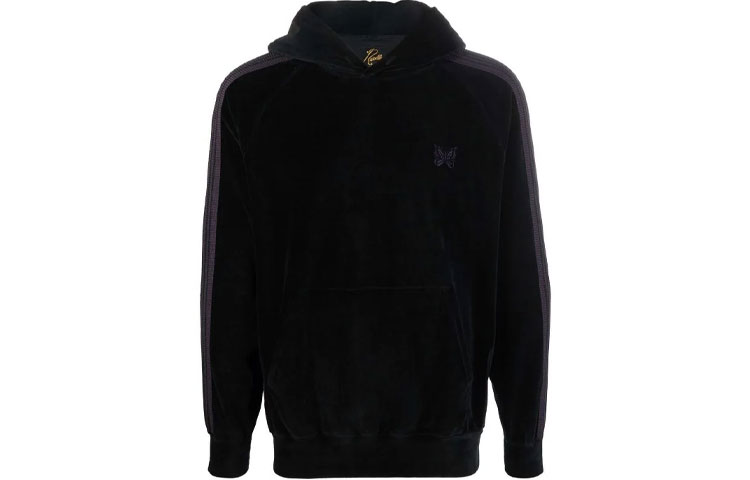 Needles FW21 Logo Embroidered Side Stripe Hoodie Black Menswear JO228C