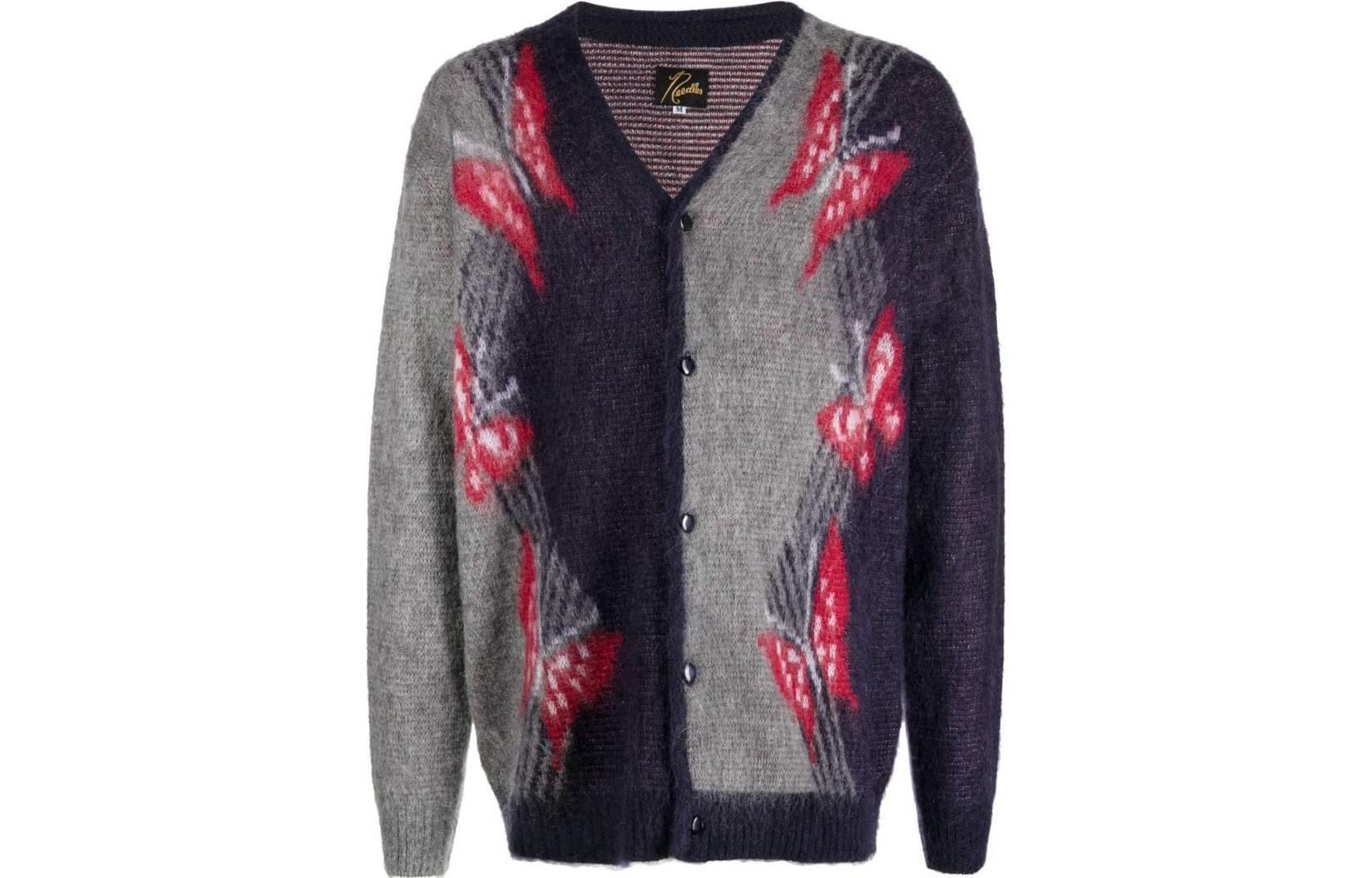 Needles FW22  Gray V-neck Cardigan Sweater with Butterfly Pattern. LQ275