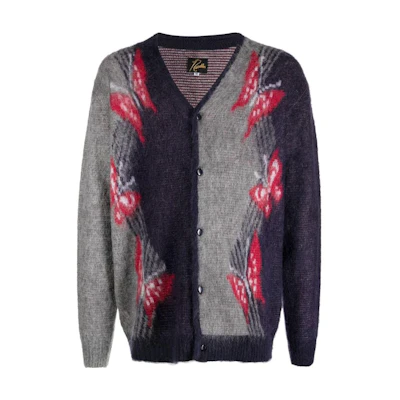 Needles FW22 Gray V-neck Cardigan Sweater with Butterfly Pattern. LQ275