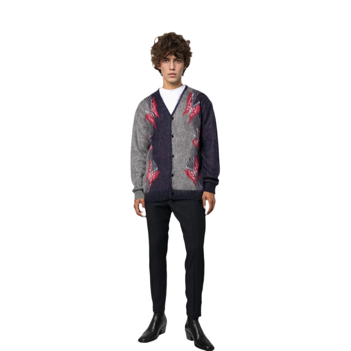 Lookbook Needles FW22 灰色蝴蝶圖案V領開襟毛衣。 LQ275