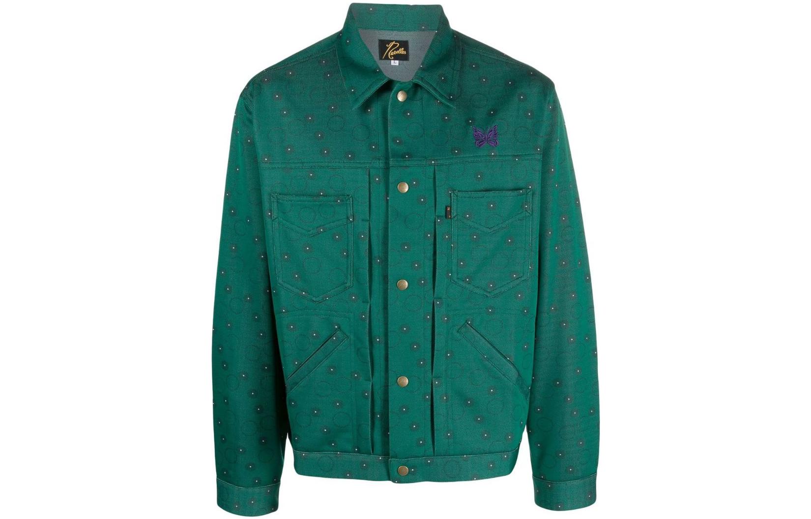 Needles FW22 Geometric Print Collared Button-Up Jacket Green Menswear LQ220-GREEN