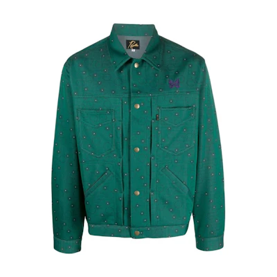 Needles FW22 Geometric Print Collared Button-Up Jacket Green Menswear LQ220-GREEN