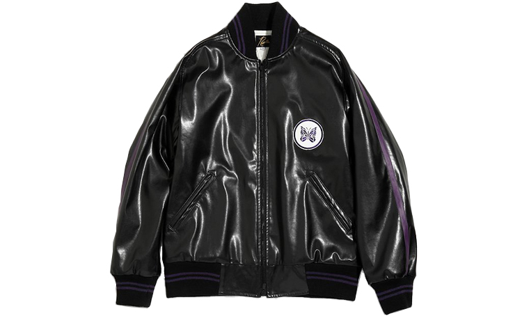 Needles Glossy Butterfly Embroidered Leather Jacket Black HM078B