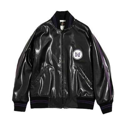 Needles Glossy Butterfly Embroidered Leather Jacket Black HM078B