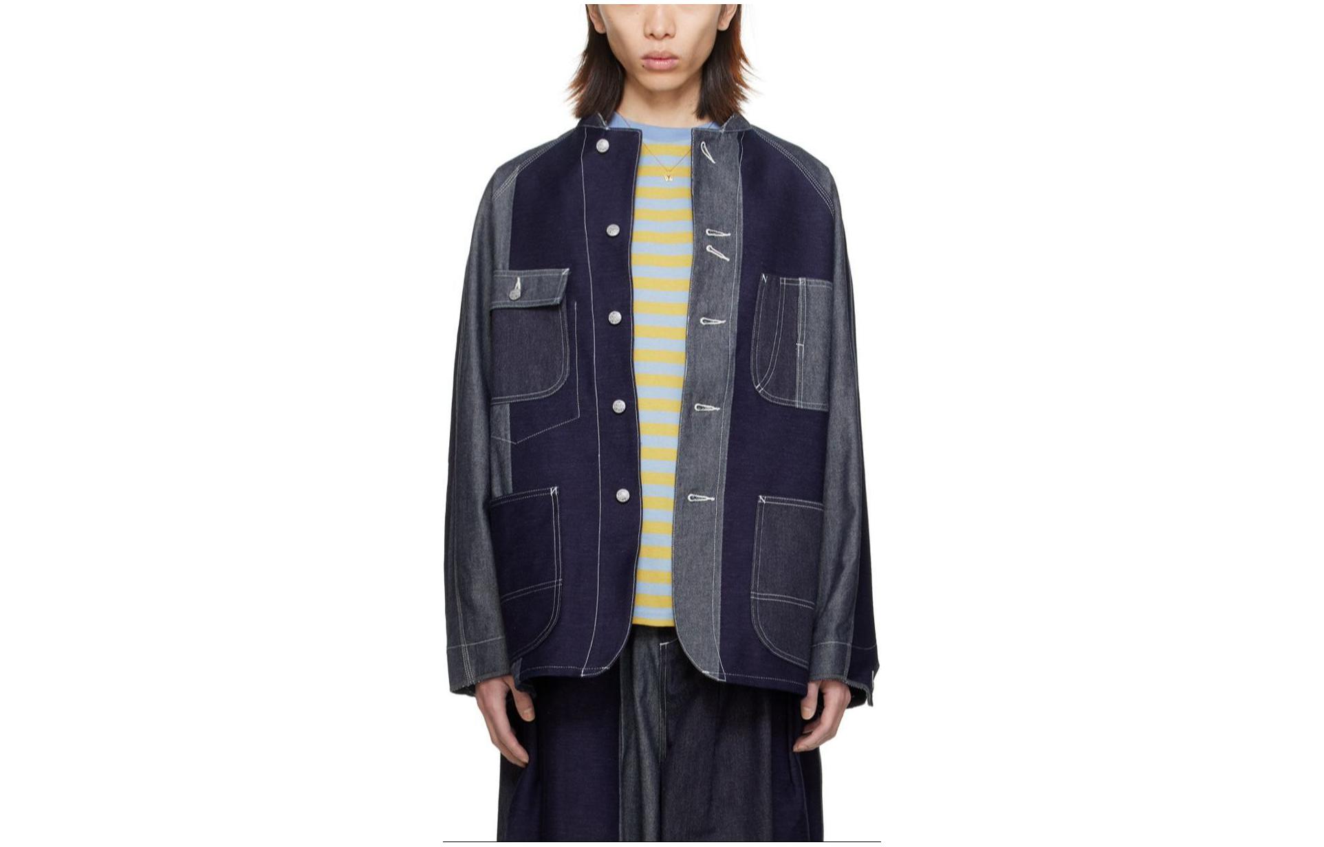 Needles Indigo Button-Pocket Patchwork Denim Jacket Men’s Long Sleeve 241821M180008