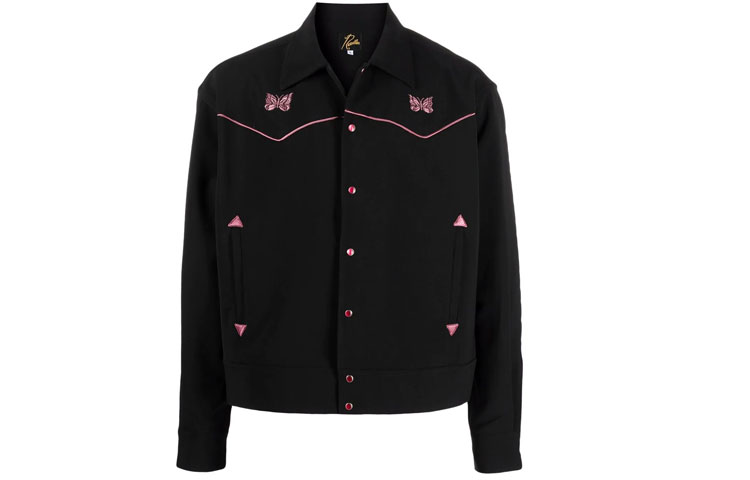 Needles Metallic Logo Embroidered Shirt Jacket Black JO169C