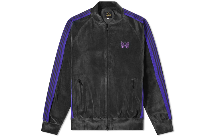 Needles Rib Collar Velour Track Jacket Charcoal Butterfly Embroidery Unisex Black/Grey FK197-B