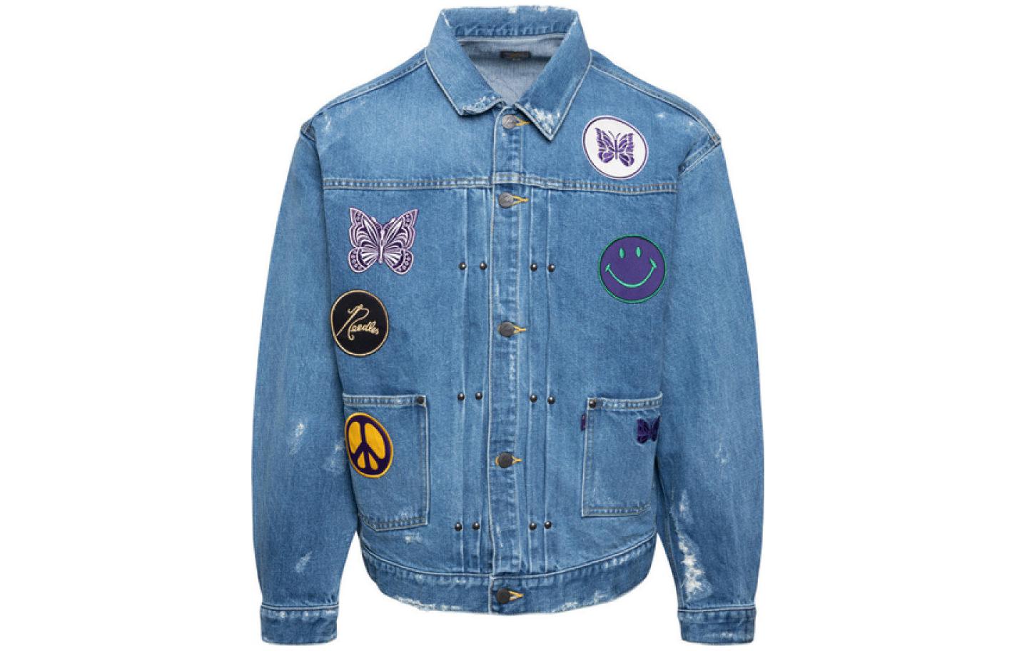 Needles SS22 Butterfly Smiley Print Denim Jacket Blue Mens KP137000INDIGO