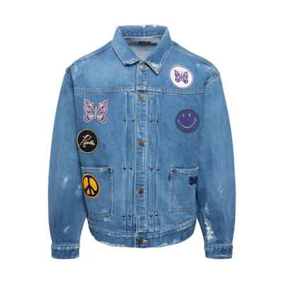Needles SS22 Butterfly Smiley Print Denim Jacket Blue Mens KP137000INDIGO