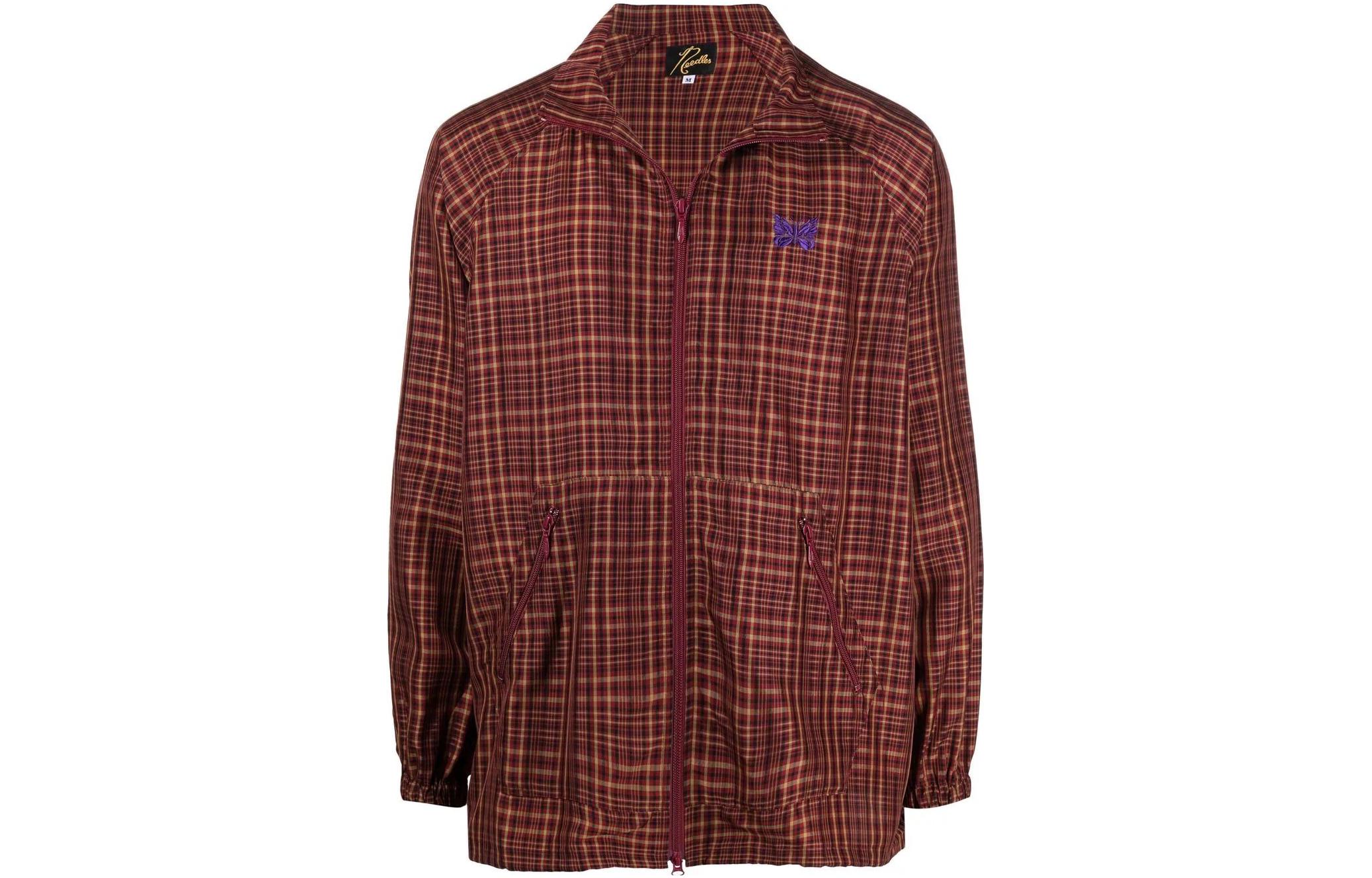 Needles SS22 Logo Embroidered Plaid Bomber Jacket Red IN129