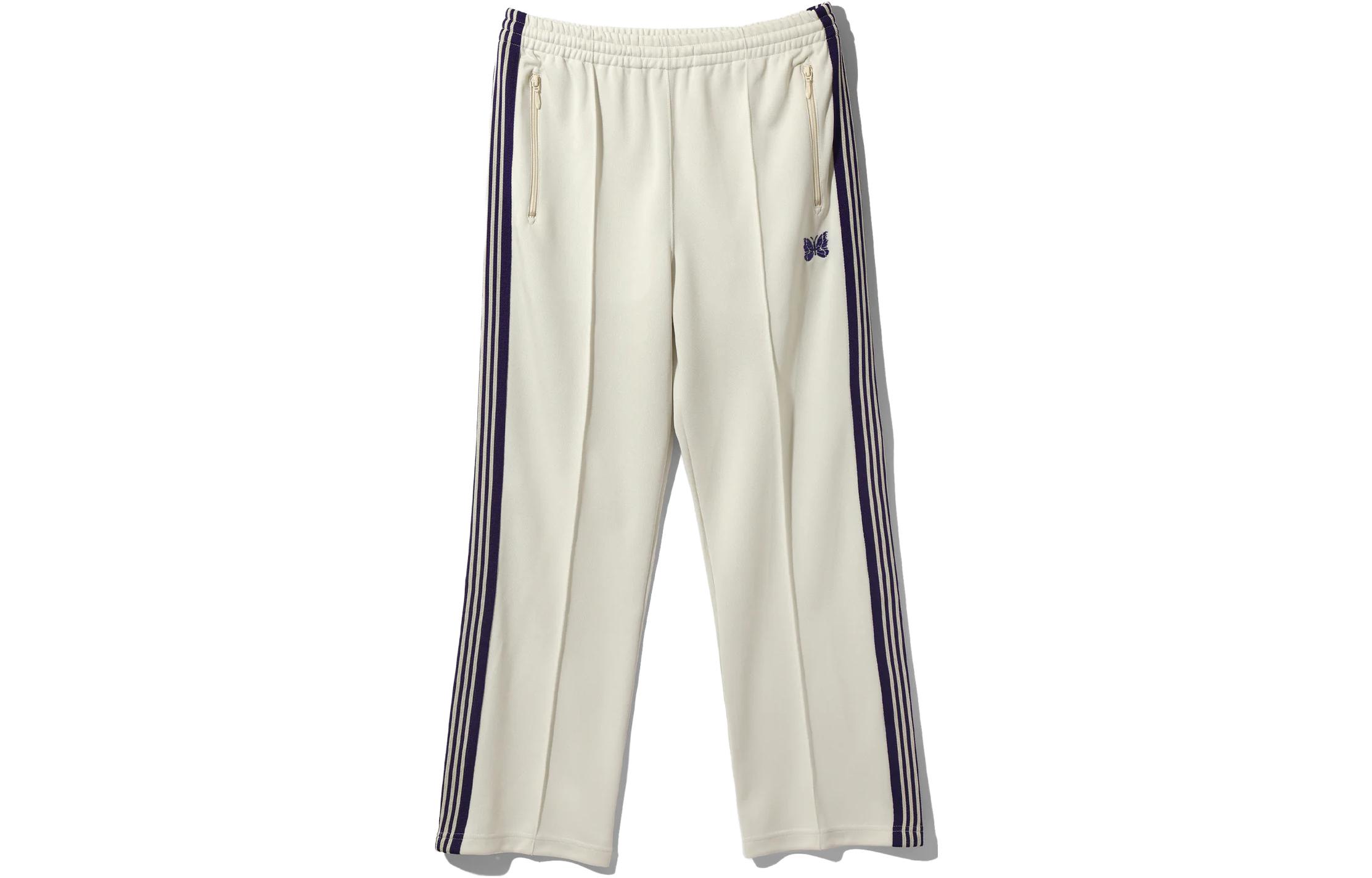 Needles SS23 Beige Track Pant with Butterfly Embroidery and Retro Stripe Design. MR286A
