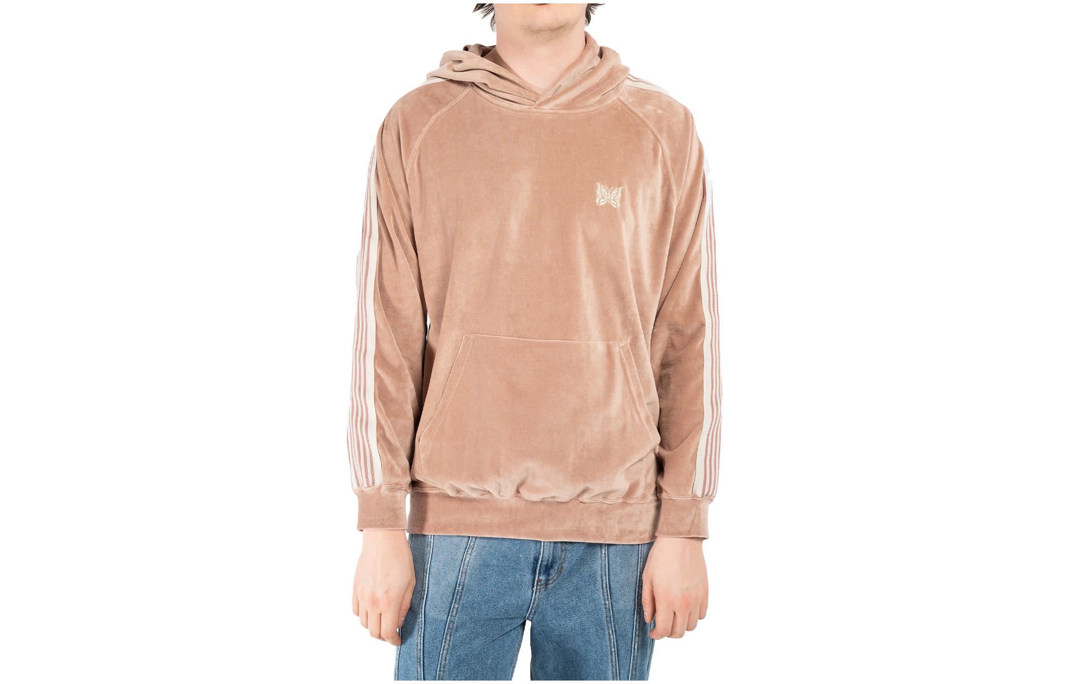 Needles SS23 Butterfly Embroidered Hoodie Beige Men’s Long Sleeve with Side Stripes MR292-OLROS