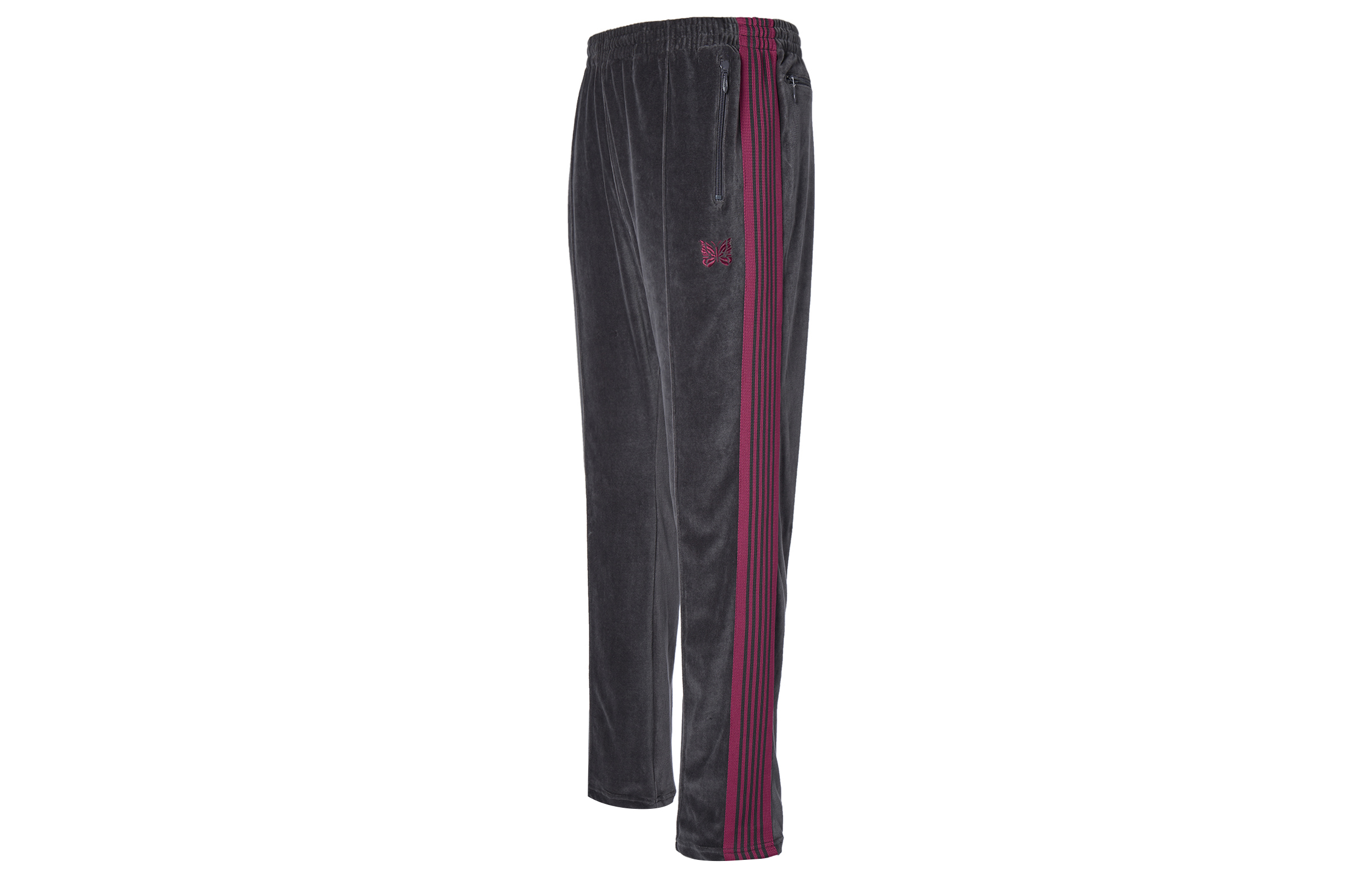 Needles SS23 Narrow Track Pant Black Velvet Butterfly Embroidered Stripe Pants. MR293C