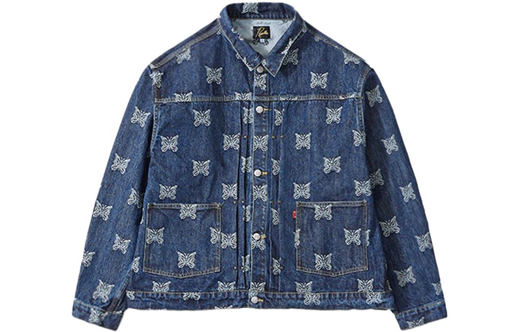 Needles SS23 Washed Butterfly Embroidered 10oz Denim Jacket Unisex Blue MR208A
