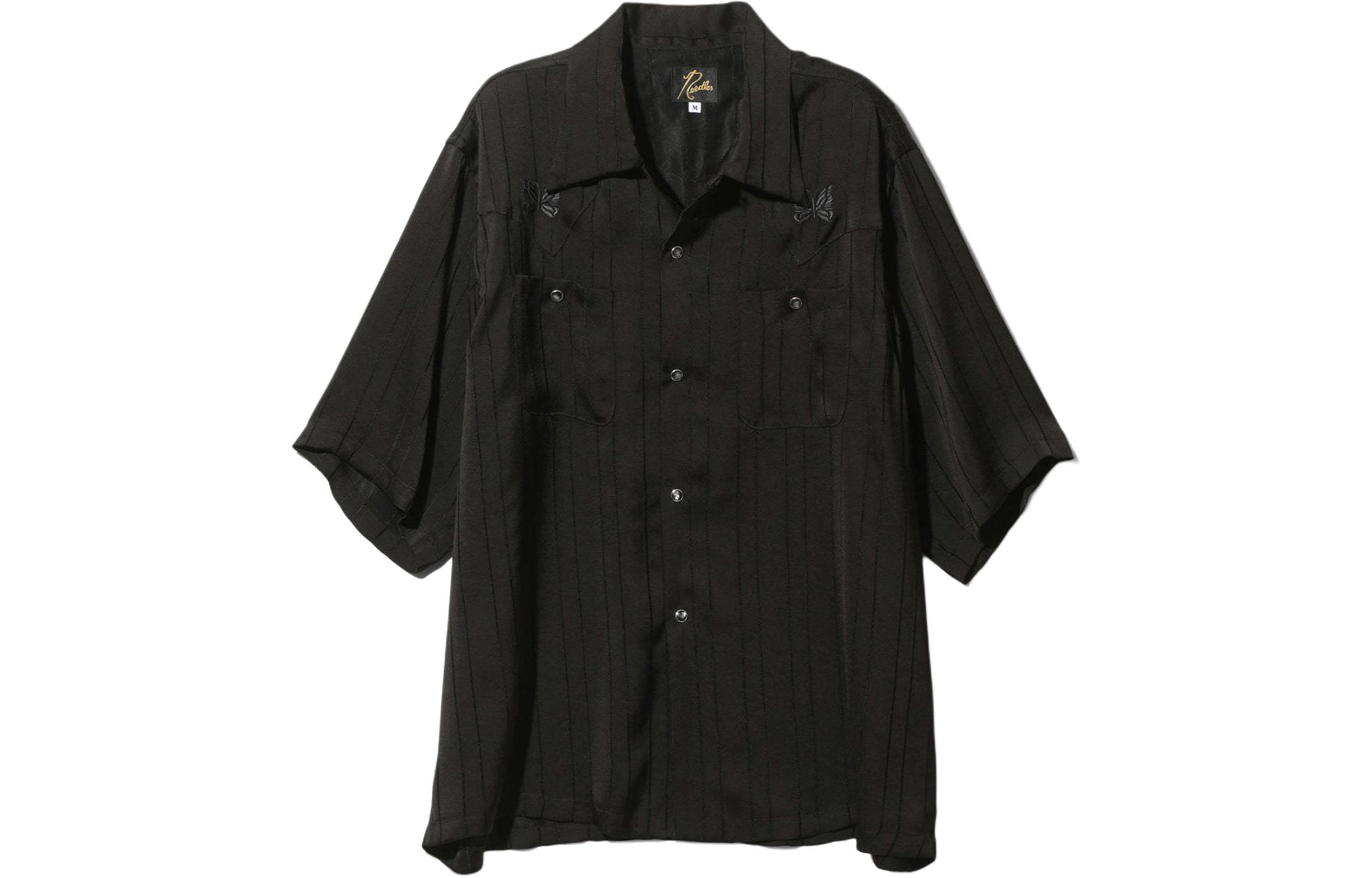 Needles SS24 Black Striped Short Sleeve Shirt with Butterfly Embroidery Unisex OT202C
