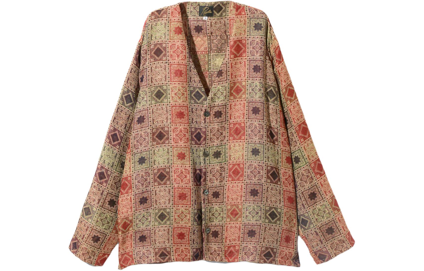 Needles SS24 Jacquard V-Neck Button-Up Jacket Unisex Light Brown OT190B