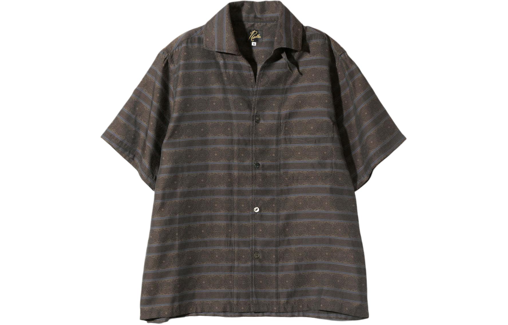 Needles SS24 Striped Jacquard Short Sleeve Shirt Unisex Charcoal Gray. OT111B