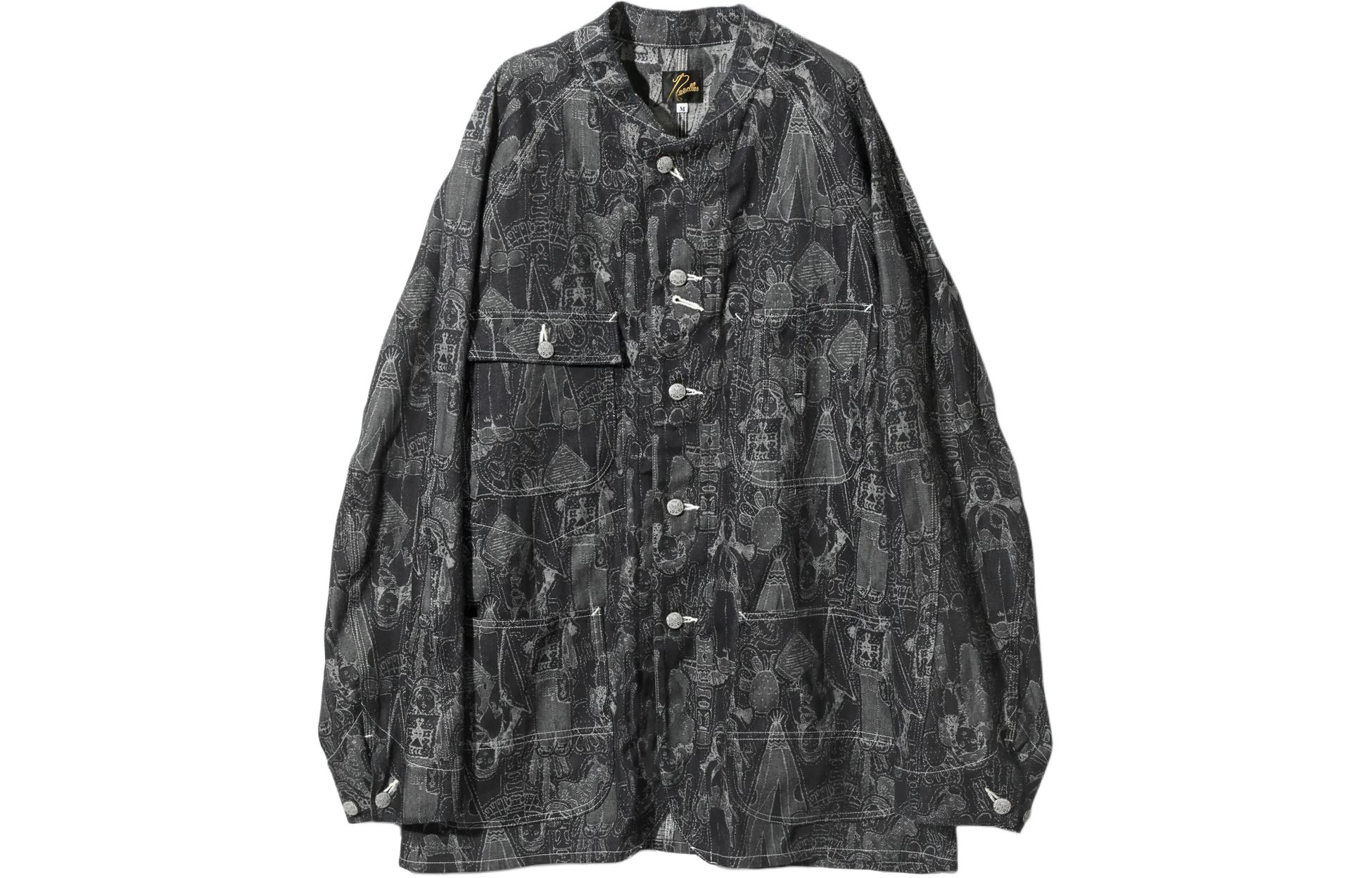 Needles Washed Printed Denim Jacket Black Unisex Stand Collar Long Sleeve OT170